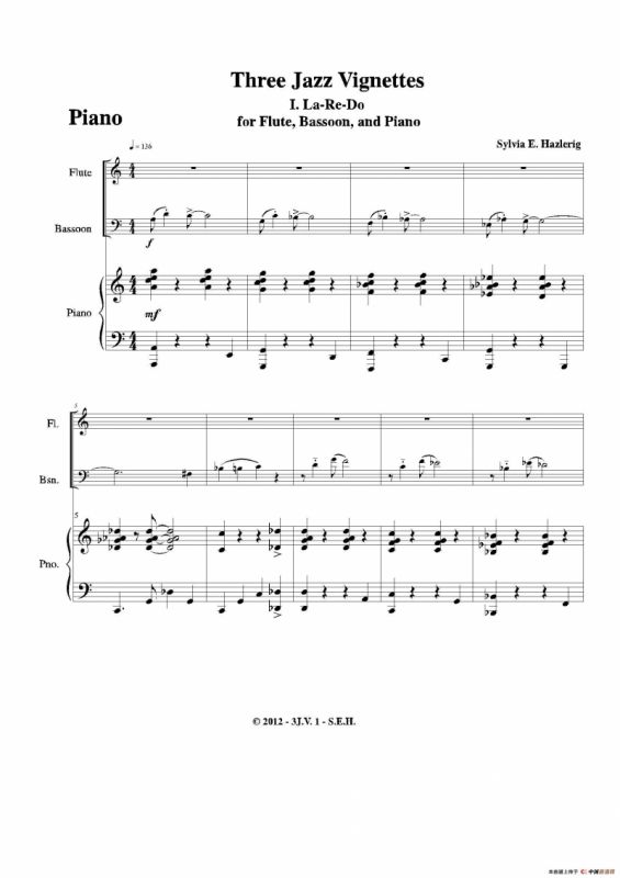 Three jazz vignettes（第一乐章）（长笛巴松钢琴三重奏）