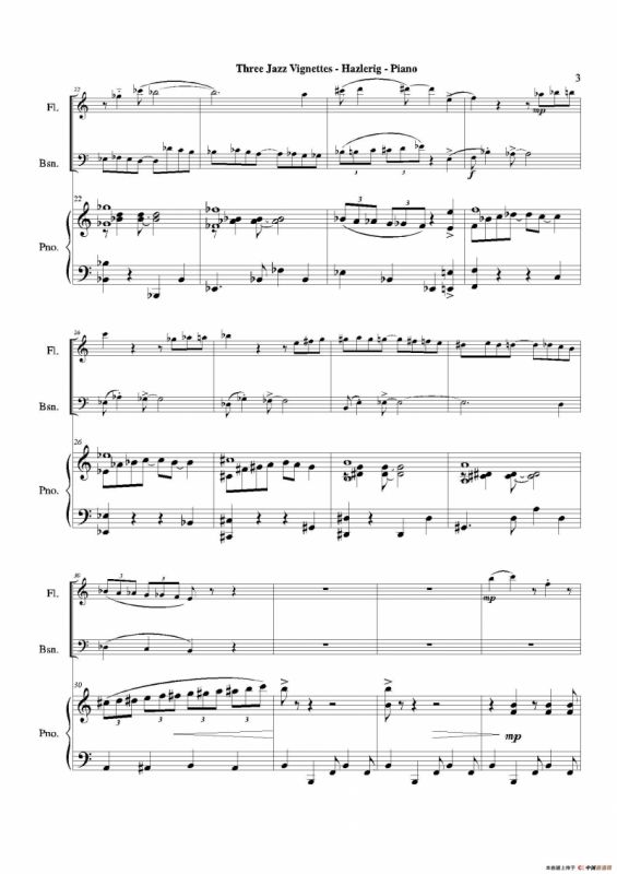 Three jazz vignettes（第一乐章）（长笛巴松钢琴三重奏）
