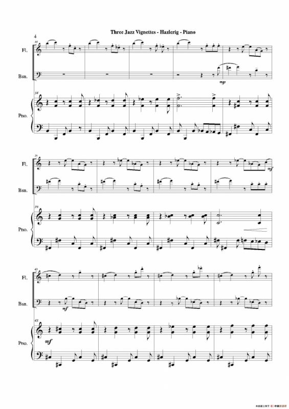 Three jazz vignettes（第一乐章）（长笛巴松钢琴三重奏）