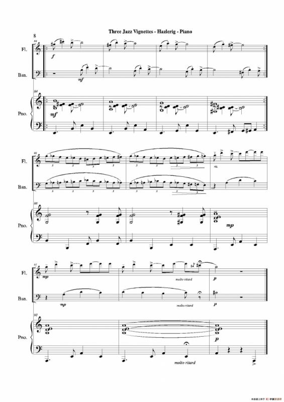 Three jazz vignettes（第一乐章）（长笛巴松钢琴三重奏）