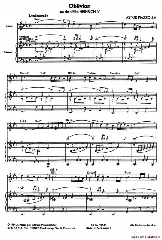 Oblivion（遗忘）（双簧管+钢琴伴奏）