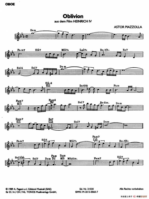 Oblivion（遗忘）（双簧管）