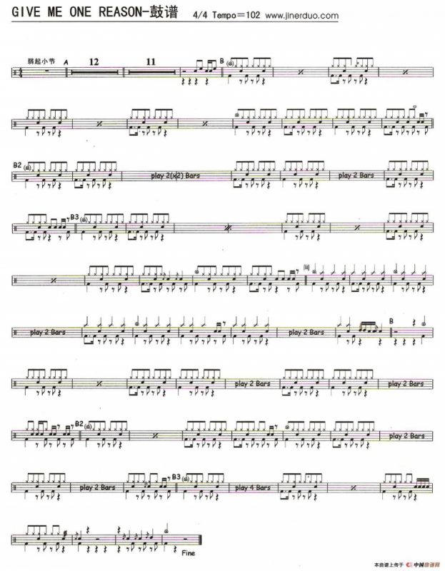 Give Me One Reason（架子鼓谱）