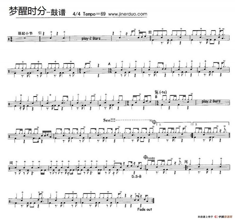 梦醒时分（架子鼓谱）
