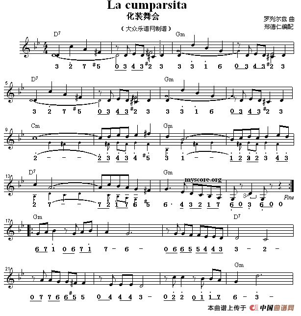 La cumparsita（化装舞会） （探戈舞曲、旋律+和弦标记）
