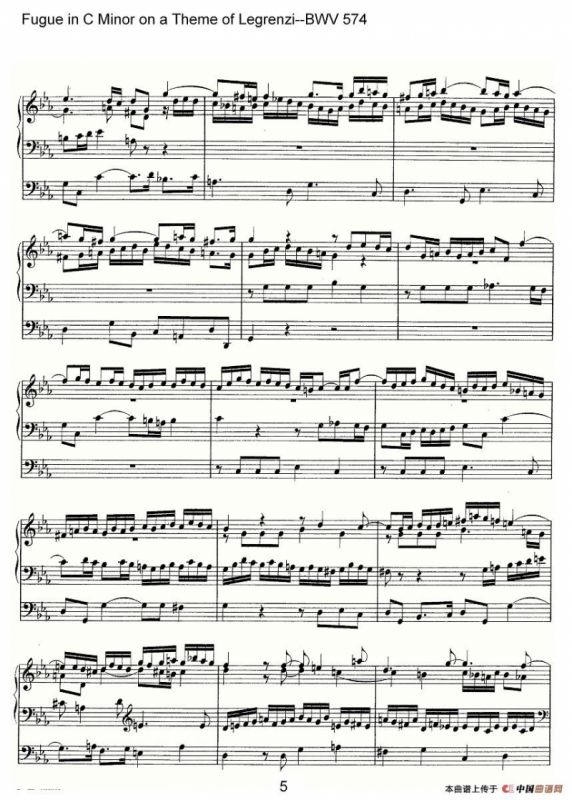 Fugue in C Minor on a Theme of Legrenzi--BWV 574（管风琴谱）
