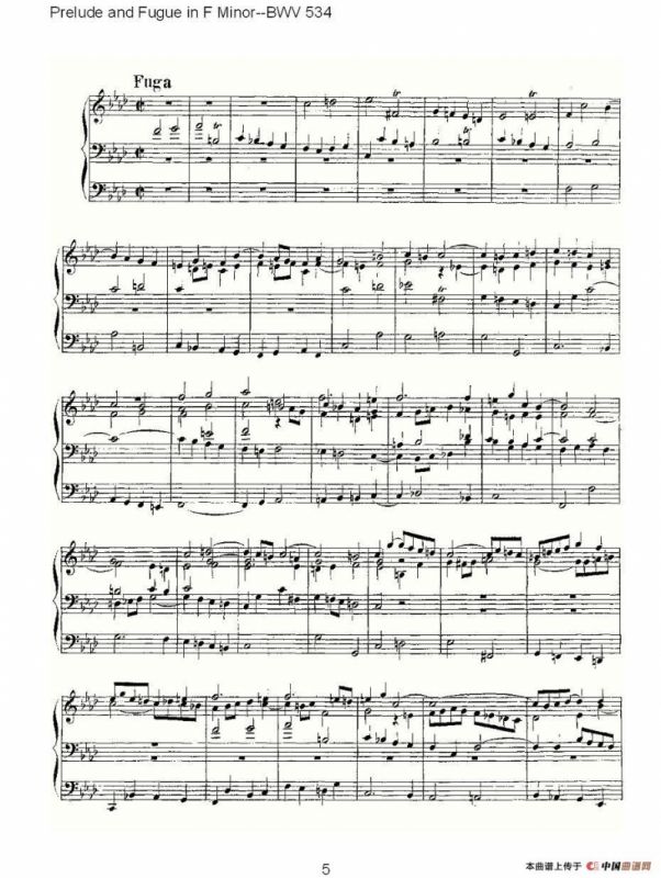 Prelude and Fugue in F Minor--BWV 534 （管风琴谱）