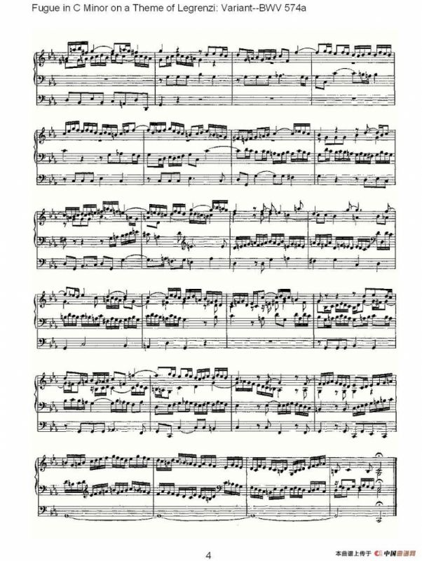Fugue in C Minor on a Theme of Legrenzi: Variant--BWV 574a （管风琴谱）
