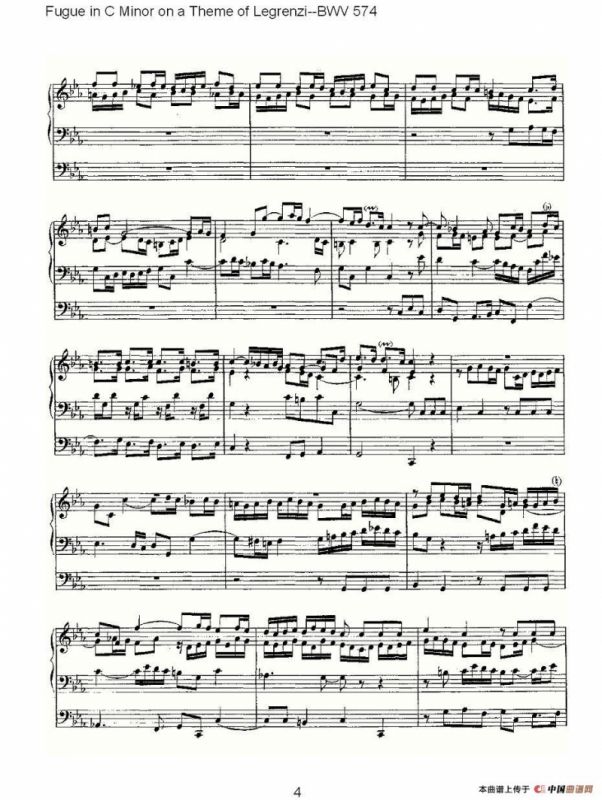 Fugue in C Minor on a Theme of Legrenzi--BWV 574 （管风琴谱）