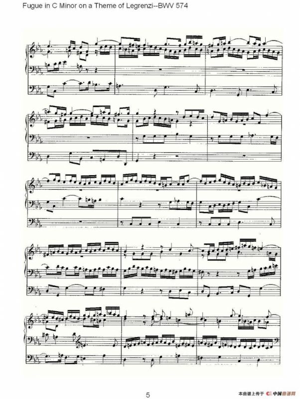 Fugue in C Minor on a Theme of Legrenzi--BWV 574 （管风琴谱）