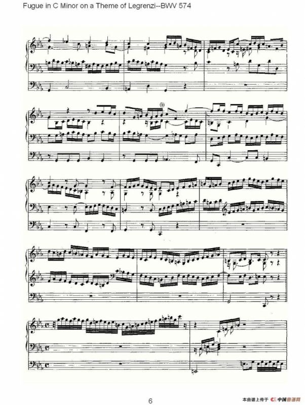 Fugue in C Minor on a Theme of Legrenzi--BWV 574 （管风琴谱）