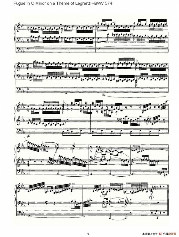 Fugue in C Minor on a Theme of Legrenzi--BWV 574 （管风琴谱）