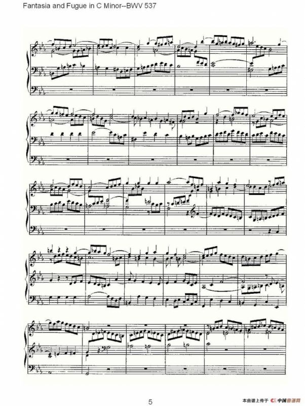 Fantasia and Fugue in C Minor--BWV 537 （管风琴谱）