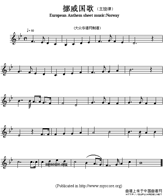 各国国歌主旋律：挪威（European Anthem sheet music:Norway）