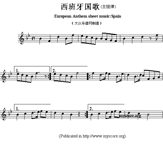 各国国歌主旋律：西班牙（European Anthem sheet music:Spain）