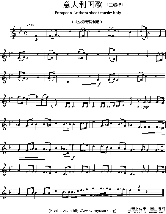 各国国歌主旋律：意大利（European Anthem sheet music:Italy）