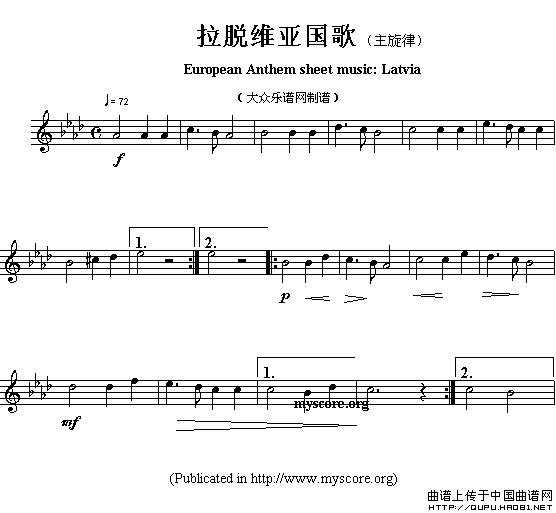 各国国歌主旋律：拉脱维亚（European Anthem sheet music:Latvia）