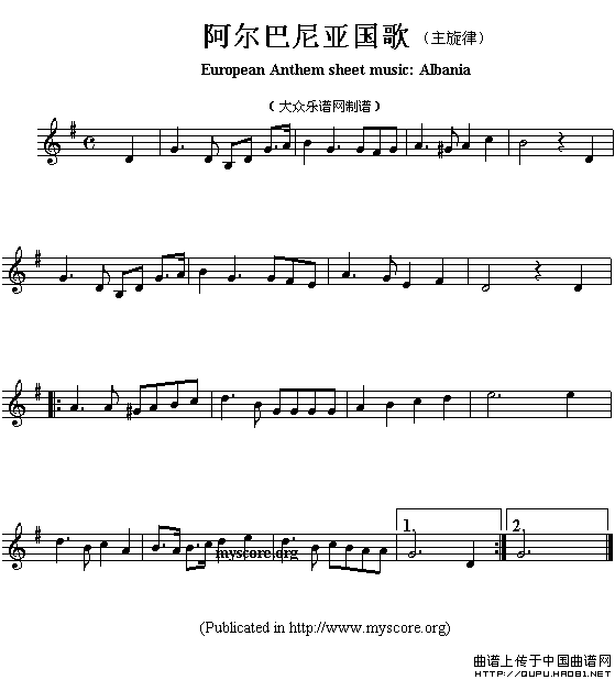 各国国歌主旋律：阿尔巴尼亚（European Anthem sheet music:Albania）
