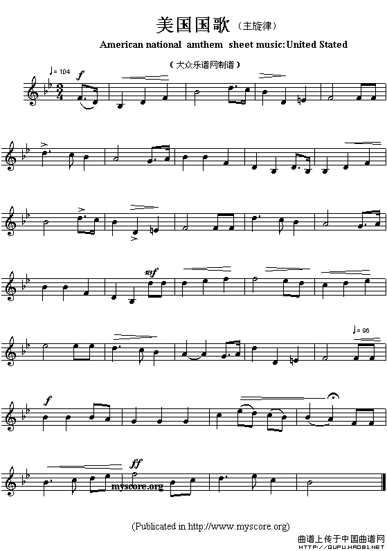 各国国歌主旋律：美国（American national amthem sheet music:U）