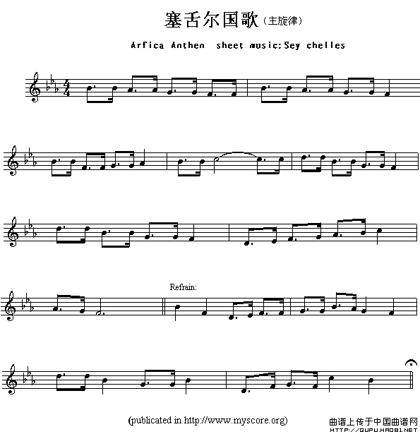 各国国歌主旋律：塞舌尔（Arfica Anthem sheet musec:Sey Chelles）