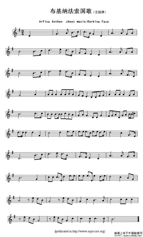 各国国歌主旋律：布基纳法索（Arfica Anthem sheet musec:Kurkina F）