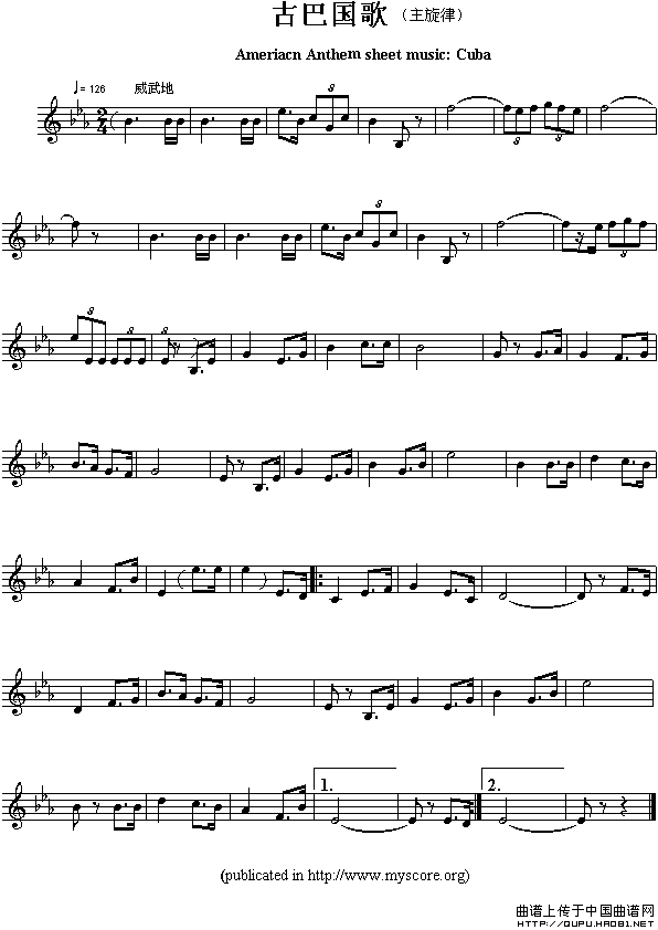 各国国歌主旋律：古巴（Ameriacn Anthem sheet music:Cuba）