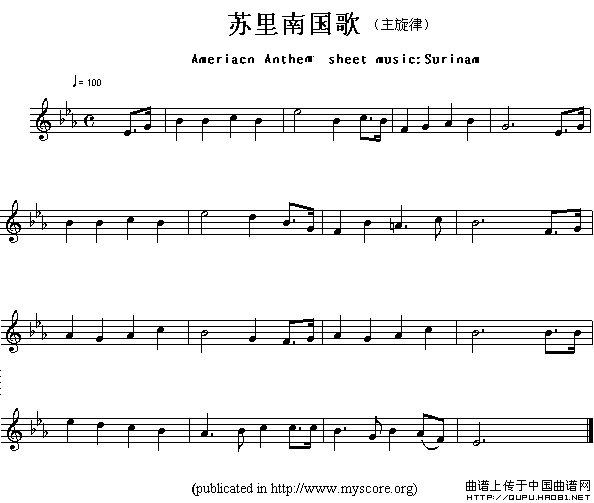 各国国歌主旋律：苏里南（Ameriacn Anthem sheet music:Surinam）