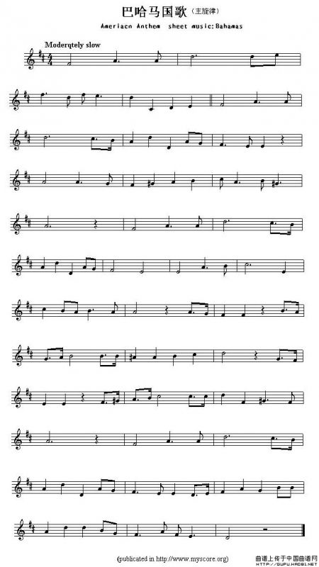 各国国歌主旋律：巴哈马（Ameriacn Anthem sheet music:Bahamas）