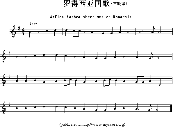 各国国歌主旋律：罗得西亚（Arfica Anthem sheet music:Rhodesia）