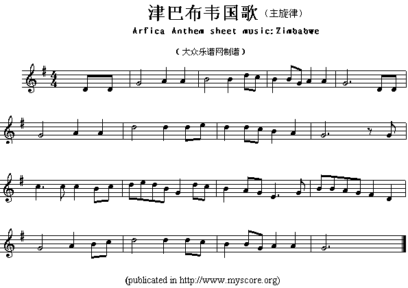 各国国歌主旋律：津巴布韦（Arfica Anthem sheet music:Zimbabwe）