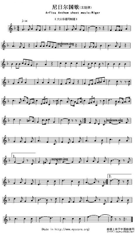各国国歌主旋律：尼日尔（Arfica Anthem sheet music:Niger）