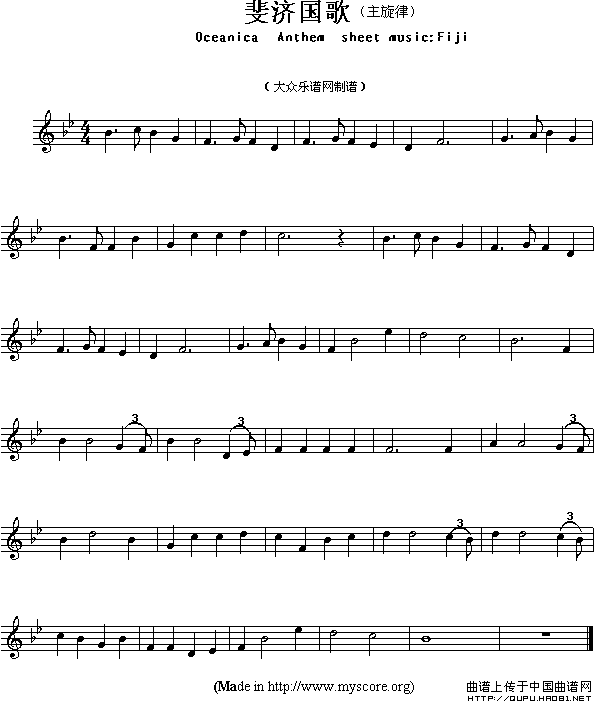 各国国歌主旋律：斐济（Ociania Ameriacn Anthem sheet music:Fi）