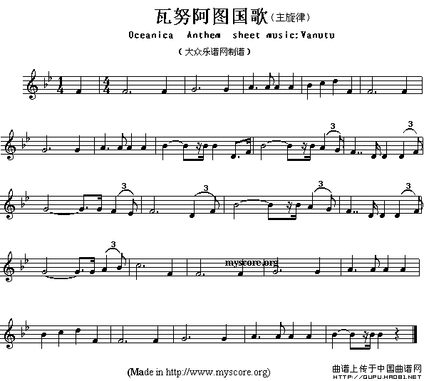 各国国歌主旋律：瓦努阿图（Ociania Ameriacn Anthem sheet music:）