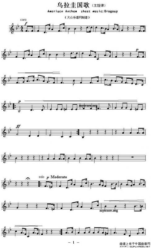 各国国歌主旋律：乌拉圭（Ameriacn Anthem sheet music:Uruguay）