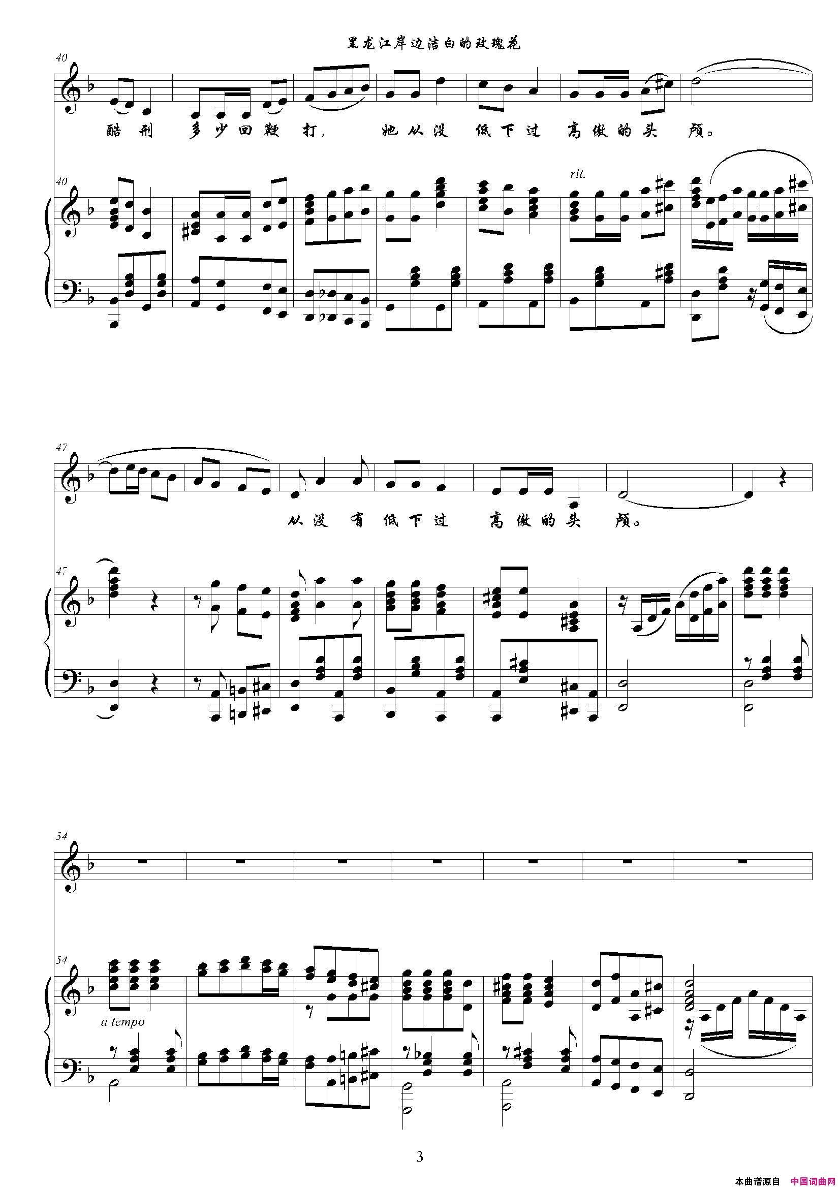 黑龙江岸边洁白的玫瑰花F调正谱