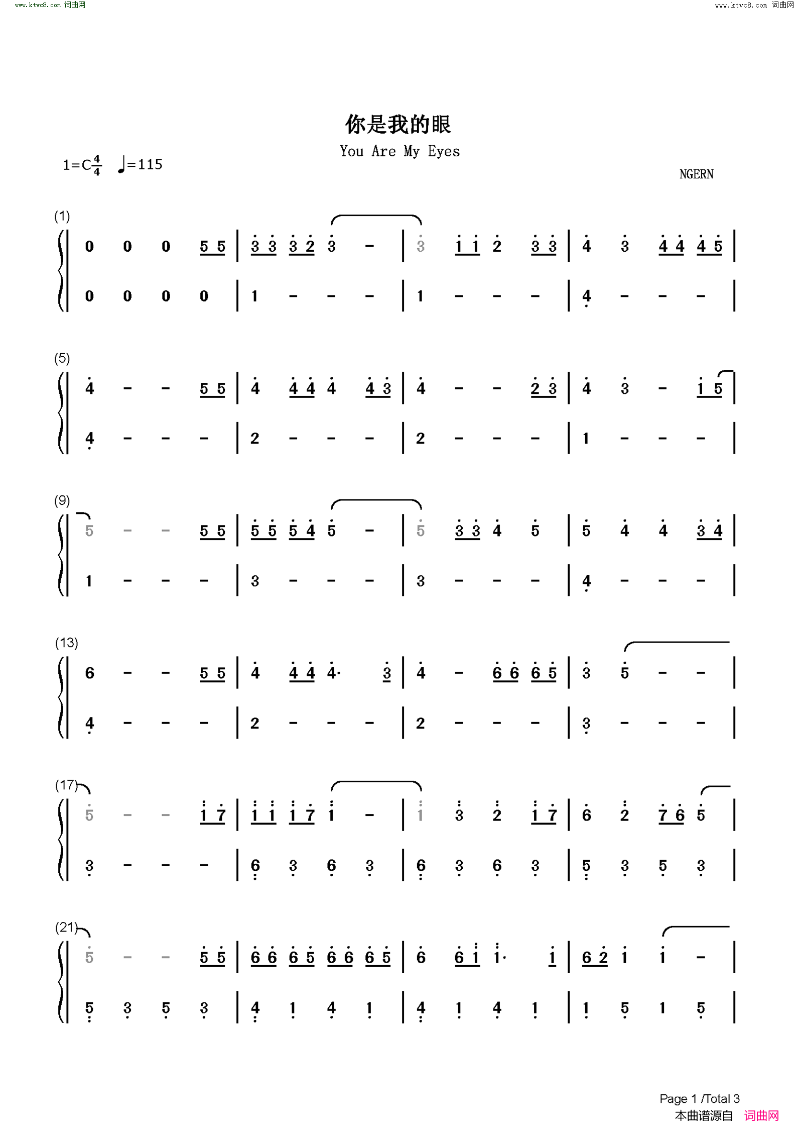 你是我的眼(C调简单版)