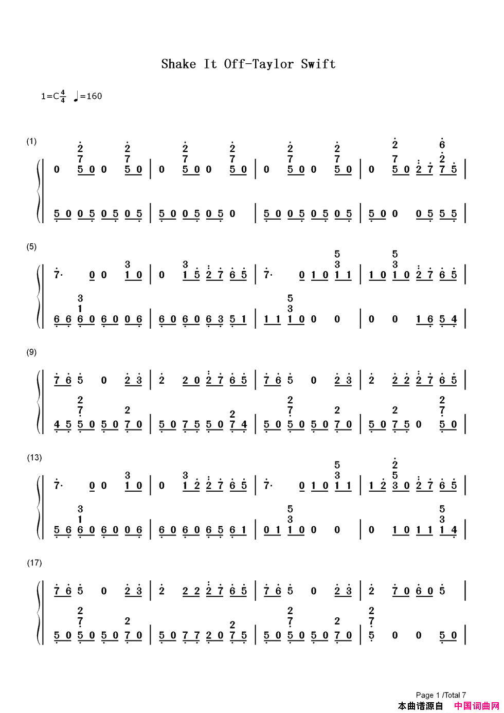shakeitoff双手简谱版简谱,演唱taylor swift,歌词_我爱歌谱网