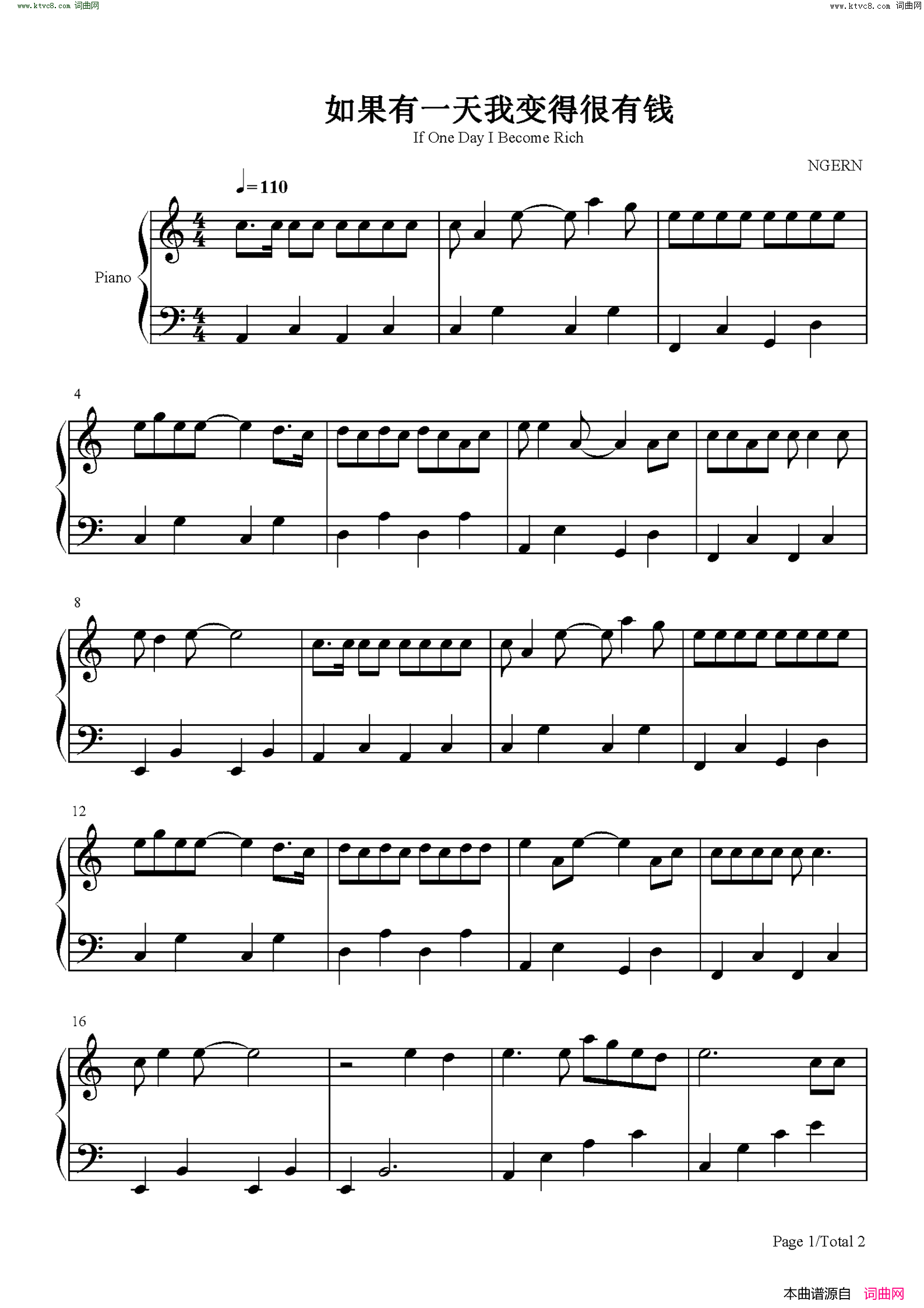 如果有一天我变得很有钱(C调简单版)