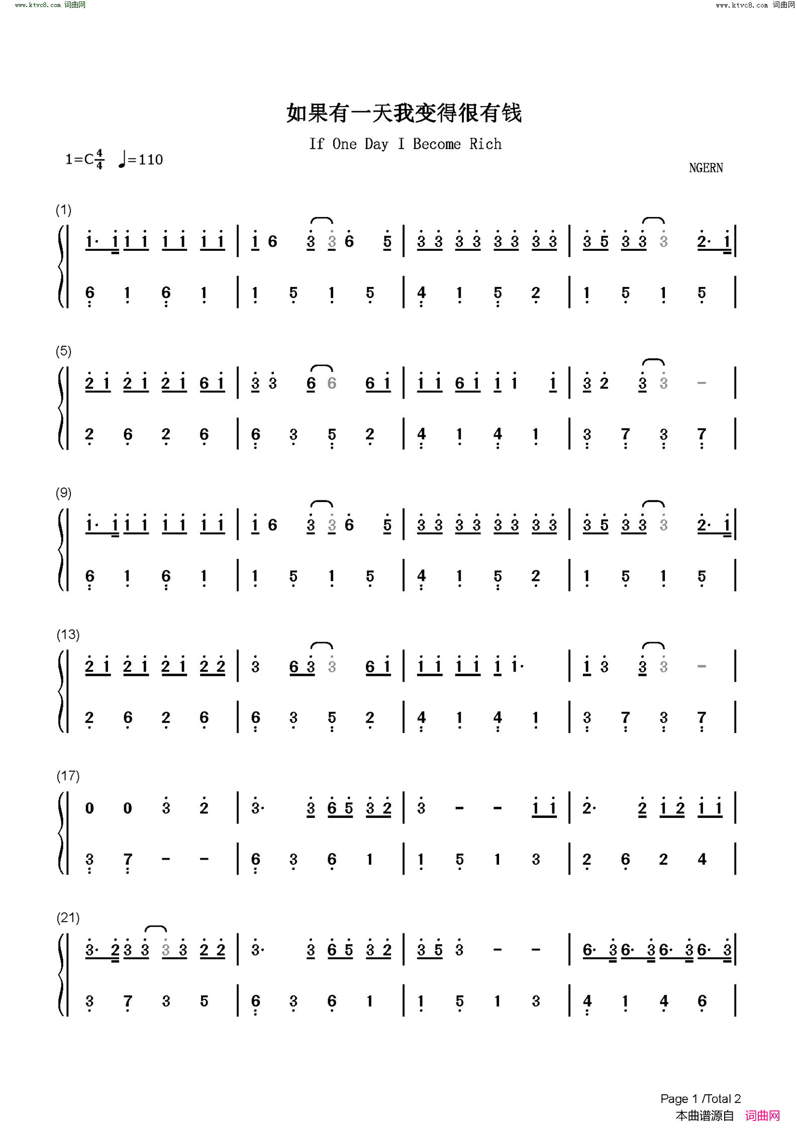 如果有一天我变得很有钱(C调简单版)