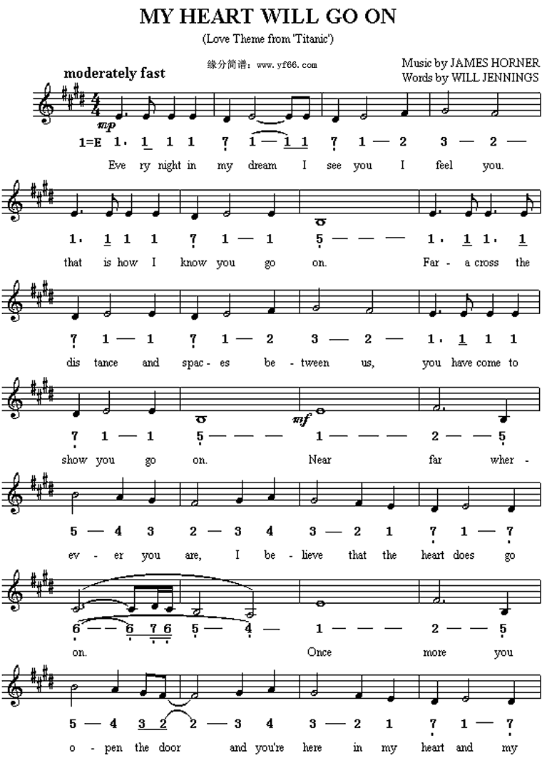 我心永恒泰坦尼克号简谱